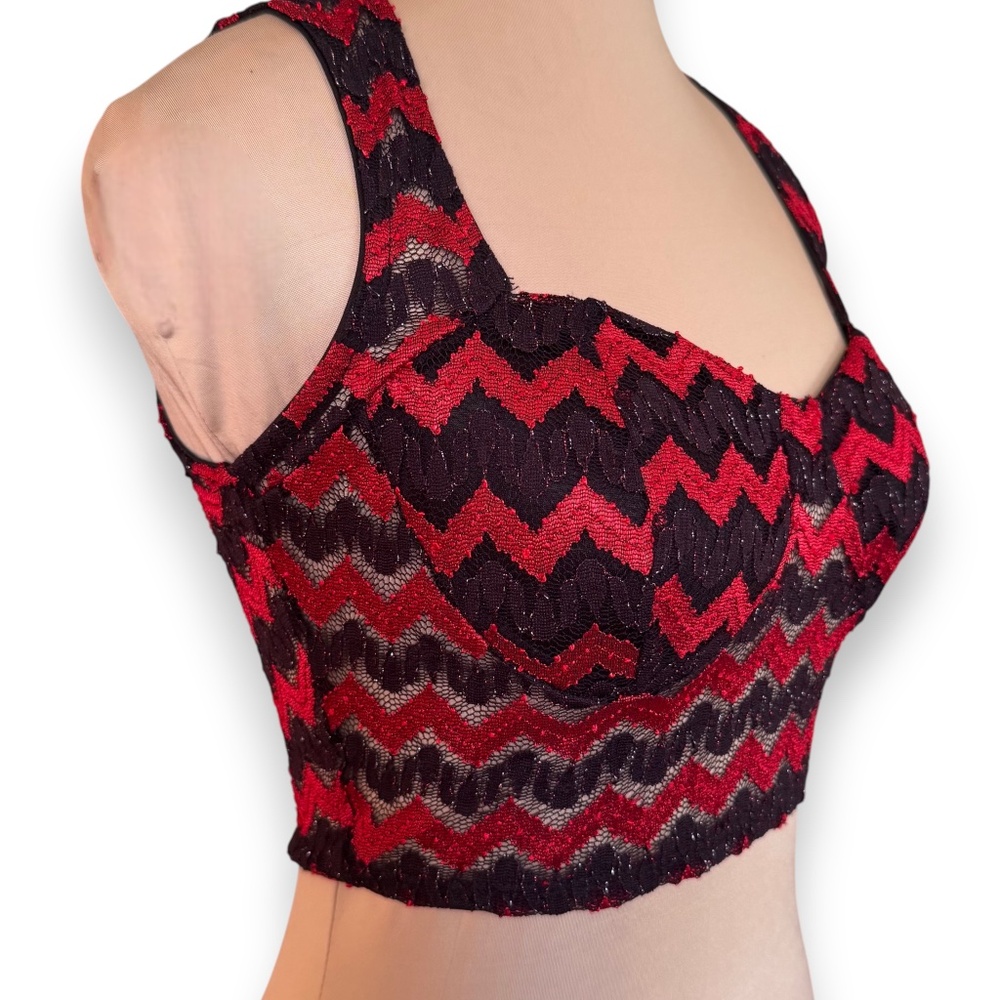 MONACO Red Black Lace Crop Top Bustier Size S - Picture 2 of 8